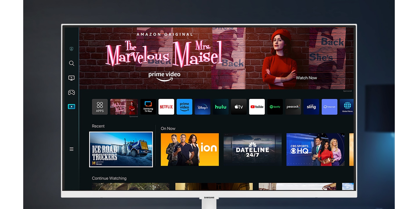 There is a monitor. Then a mouse appears, and it clicks Amazon  Prime Video. A content is played, and there are circles to represent built-in  speakers. On the bottom of the screen, there are prime video logo and the  content title, 'The Marvelous Mrs Maisel'. Lastly, the Media home UI appears.