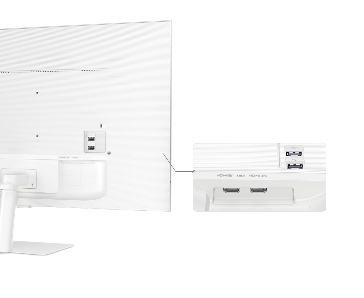 The back of the monitor is shown, and the ports of the monitor is being closed up. There are 2 USB-A ports and 2 HDMI ports.