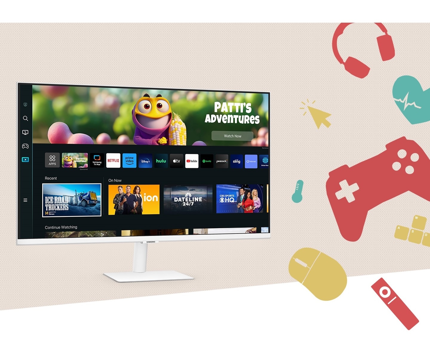 There is a Smart Monitor M5. And at the right side of it, there are several colorful icons which demonstrate various features of the monitor.