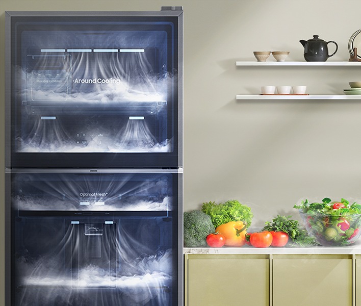 Blue arrows are shown on every inner section of the refrigerator. It indicates cold air spinning through every storage space.