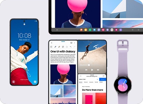 Galaxy Z Flip on the left has a wallpaper and digital clock widget. Next to it, Galaxy Z Fold's screen is split into three sections. Above it, Galaxy Tab's taskbar is shown. Galaxy Watch on the right has a watch face on.