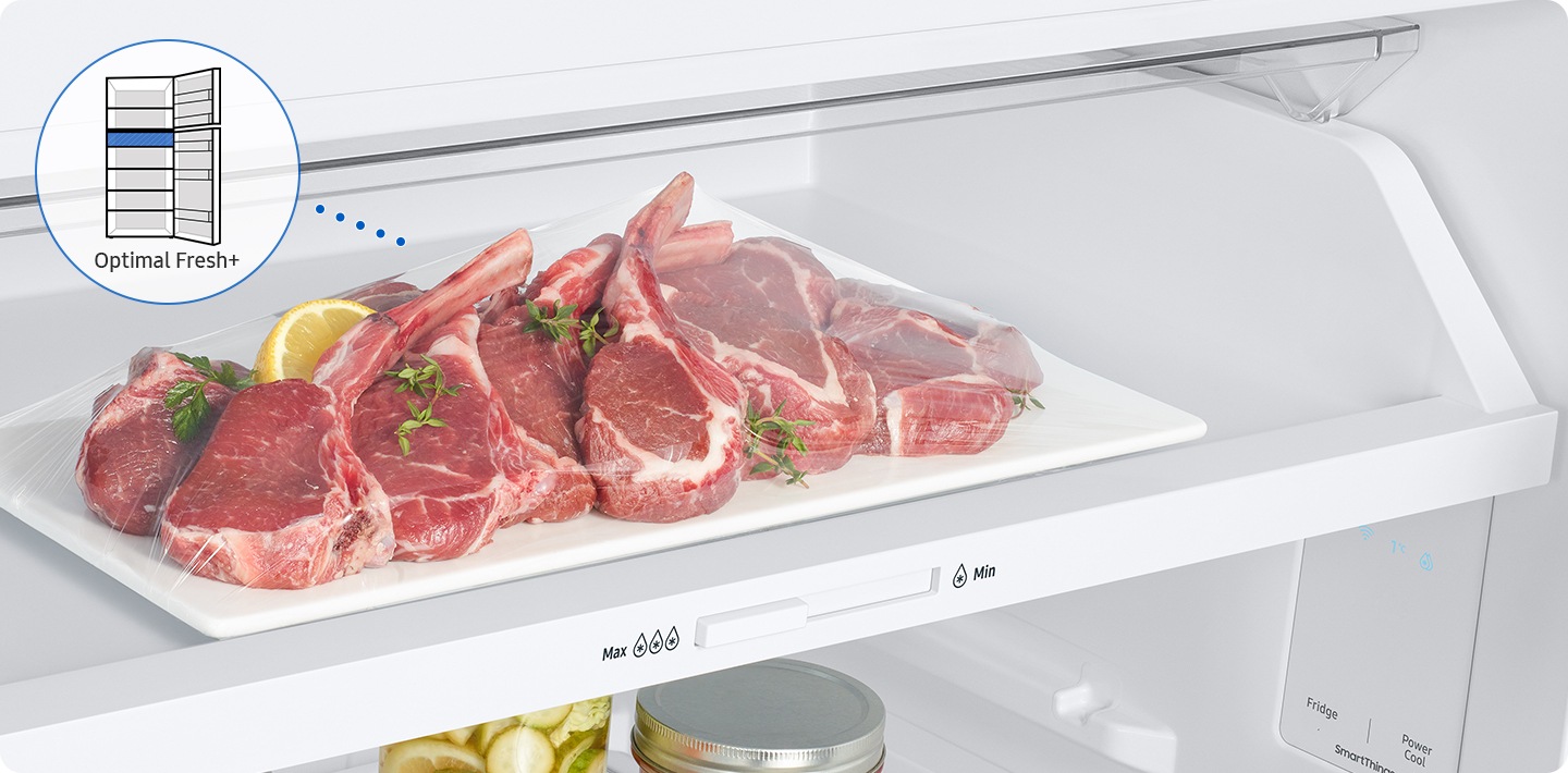 Meat is stored fresh in Optimal Fresh+ Drawer. When the display temperature is 1 degree and the knob located at Max, Soft Freeze Mode is set. The Optimal Fresh+ Drawer is located at the top of the fridge.