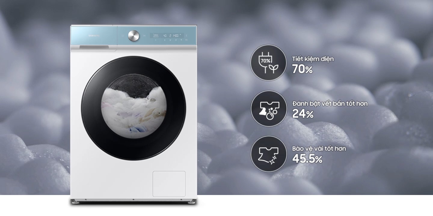  Vị trí của Bước 1: khối lượng giặt, Bước 2: mực nước, Bước 3: cảm biến vải, Bước 4: mức độ bẩn và Bước 5: các cảm biến mức chất tẩy xuất hiện trên máy giặt trong suốt. Ở Bước 4, AI thay đổi thời gian tùy theo chất đất và người dùng có thể điều khiển bằng ứng dụng SmartThings.