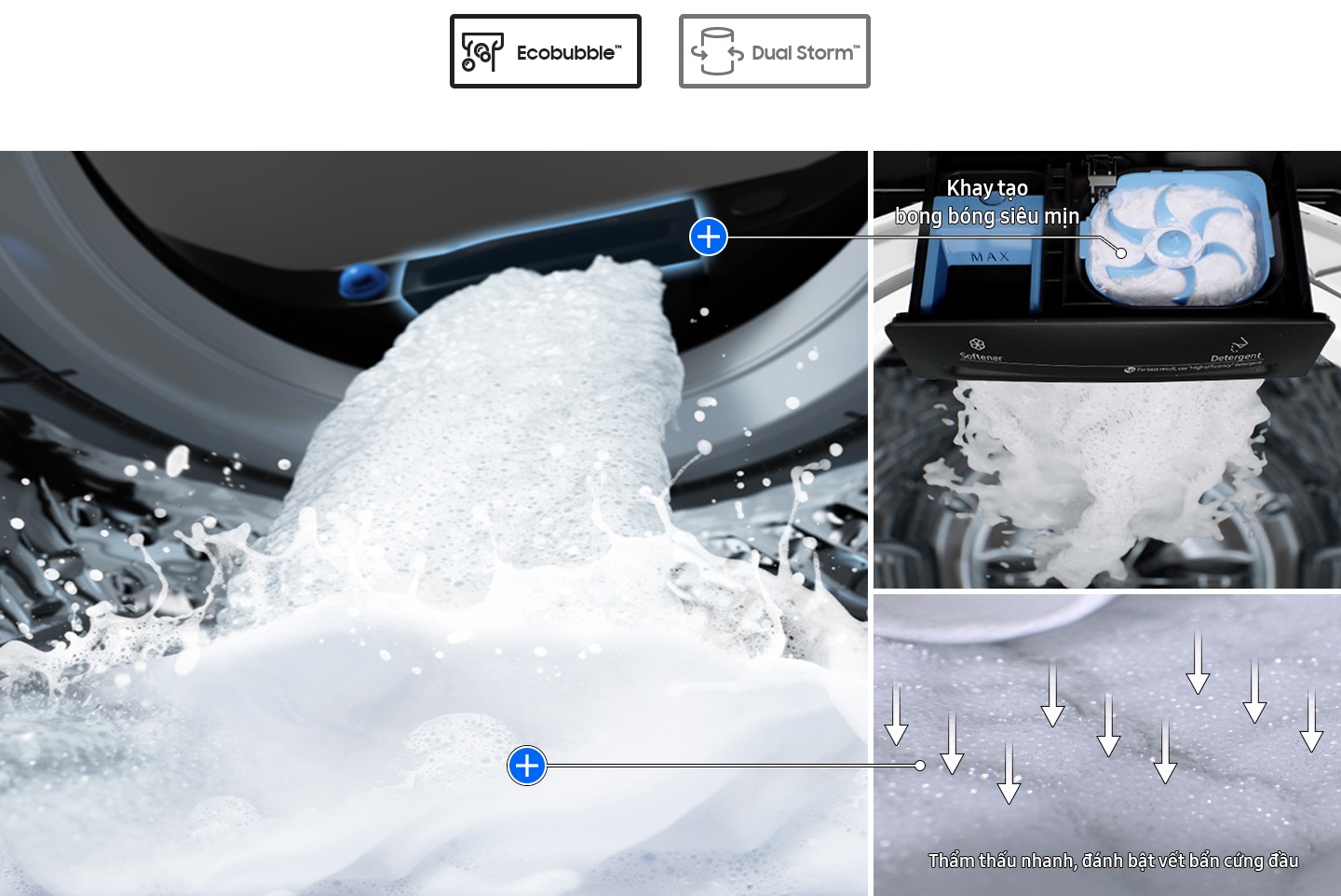 Bubblestorm Kit changes detergent into rich bubble and falling them. It helps detergent to penetrate fabric 2.5x faster*.