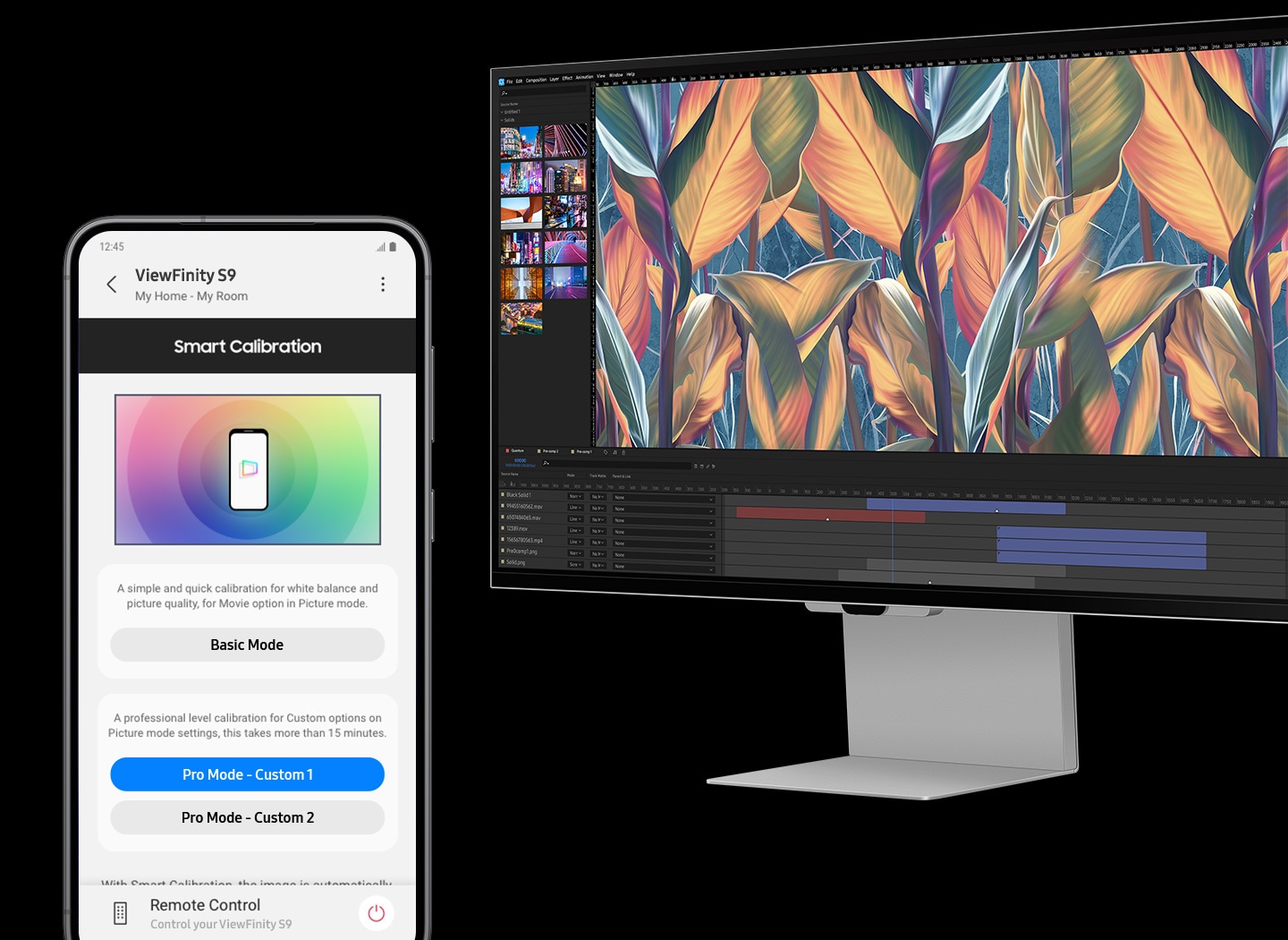 There is a monitor with an abstract image. Next to it, there's a mobile phone, and a pro mode is selected on the phone for smart calibration. Then, the monitor is being calibrated. After the calibration, the image on the monitor gets more vivid and colorful.
