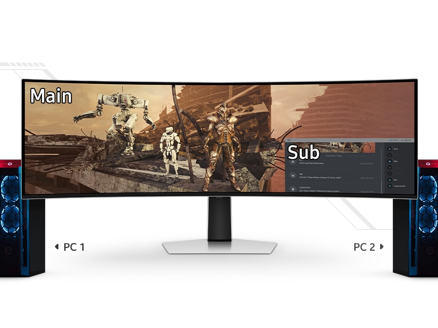 Màn hình Odyssey được thấy cùng tháp máy tính có nhãn "PC 1" ở bên trái và tháp máy tính có nhãn "PC 2" ở bên phải. Màn hình hiển thị một robot và các chiến binh ngoài hành tinh trên màn hình, được gắn nhãn "Chính". Một cửa sổ nhỏ hơn hiển thị cuộc trò chuyện bằng văn bản ở phía dưới bên phải màn hình, được gắn nhãn "Phụ".