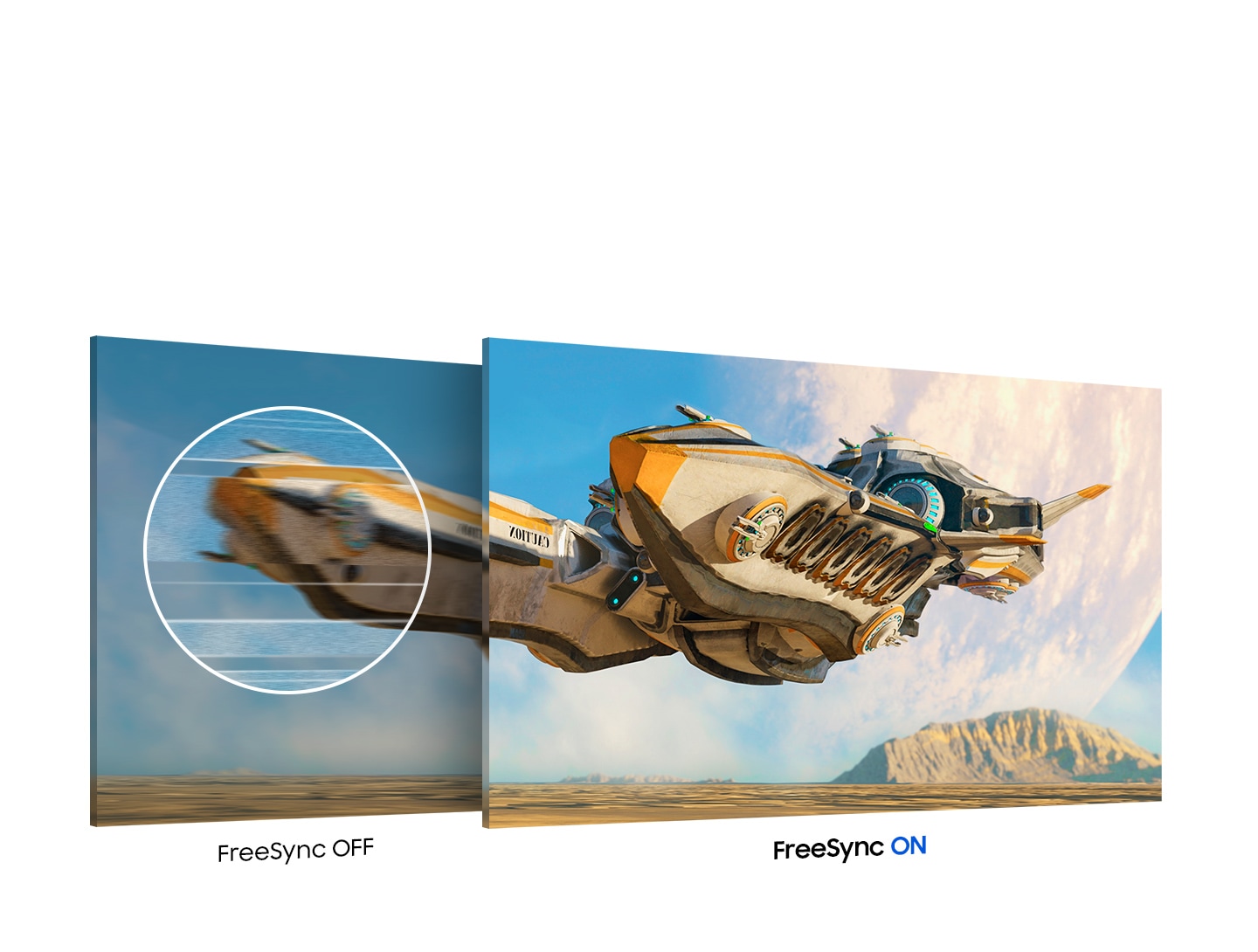 There is a spaceship, and the left side of it is torn as FreeSync is off. The right side of it looks smooth, as the FreeSync is on.