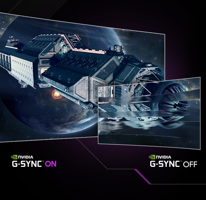 Một trạm không gian được hiển thị phía trước một hành tinh trên hai màn hình. Phi thuyền bên phải màn hình bị mờ với dòng chữ “FreeSync OFF” bên dưới, bên trái sắc nét và rõ ràng với dòng chữ “AMD FreeSync Premium Pro ON” bên dưới.