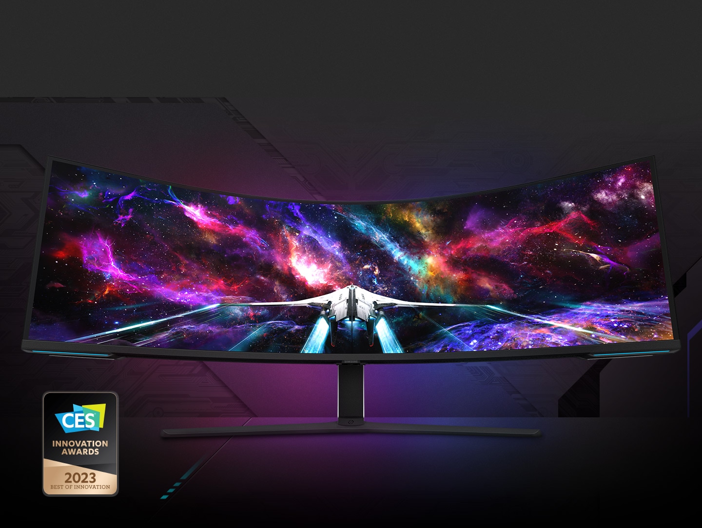 Một chiếc phi thuyền hiển thị trên màn hình Odyssey, đang bay vào các dãy ngân hà đầy màu sắc ngoài vũ trụ. Ở phía dưới bên trái là một huy hiệu chú thích màn hình là sản phẩm thắng Giải Đột Phá CES trong chương trình Best of Innovation 2023