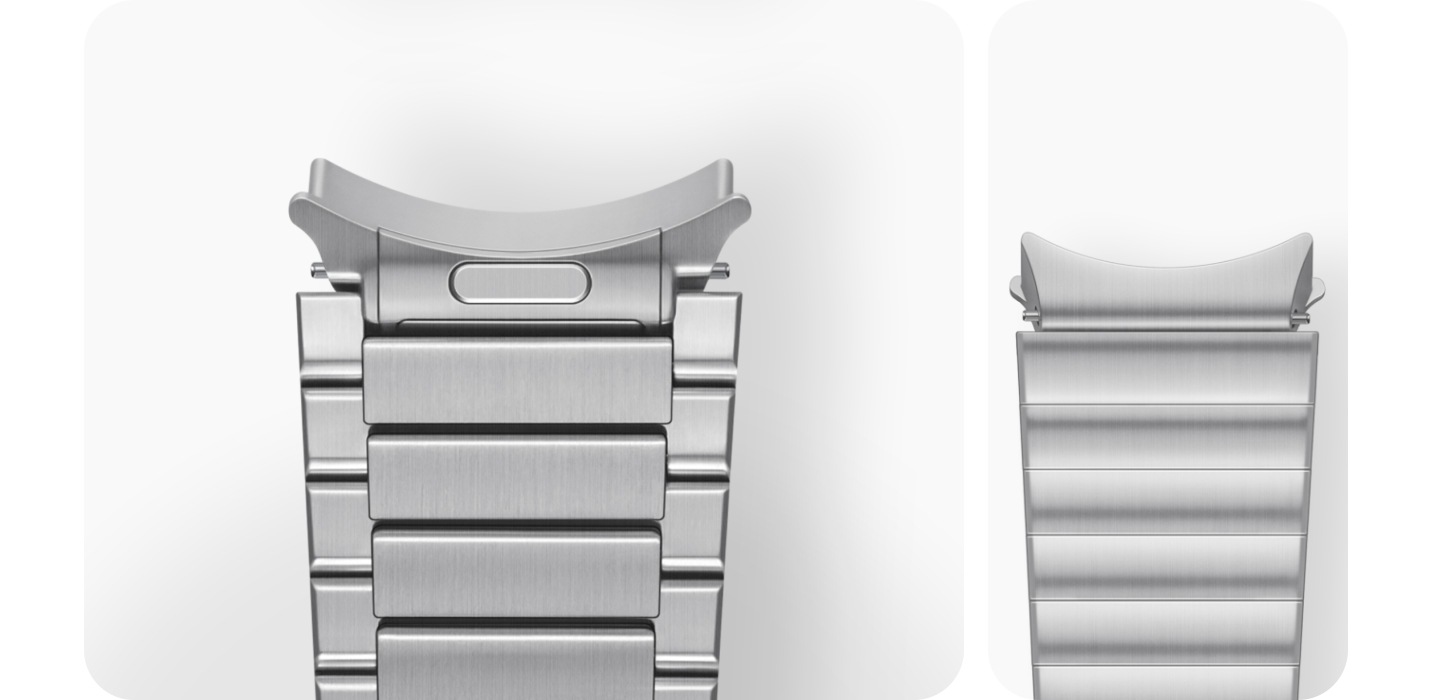 A Galaxy Watch6 Classic device is faced down with a Link Bracelet Band hovering above it. The release button of the band is held down while nearing the bottom of the watch before it is locked with a click. It is zoomed out to show the same mechanism on the upper side of the watch.