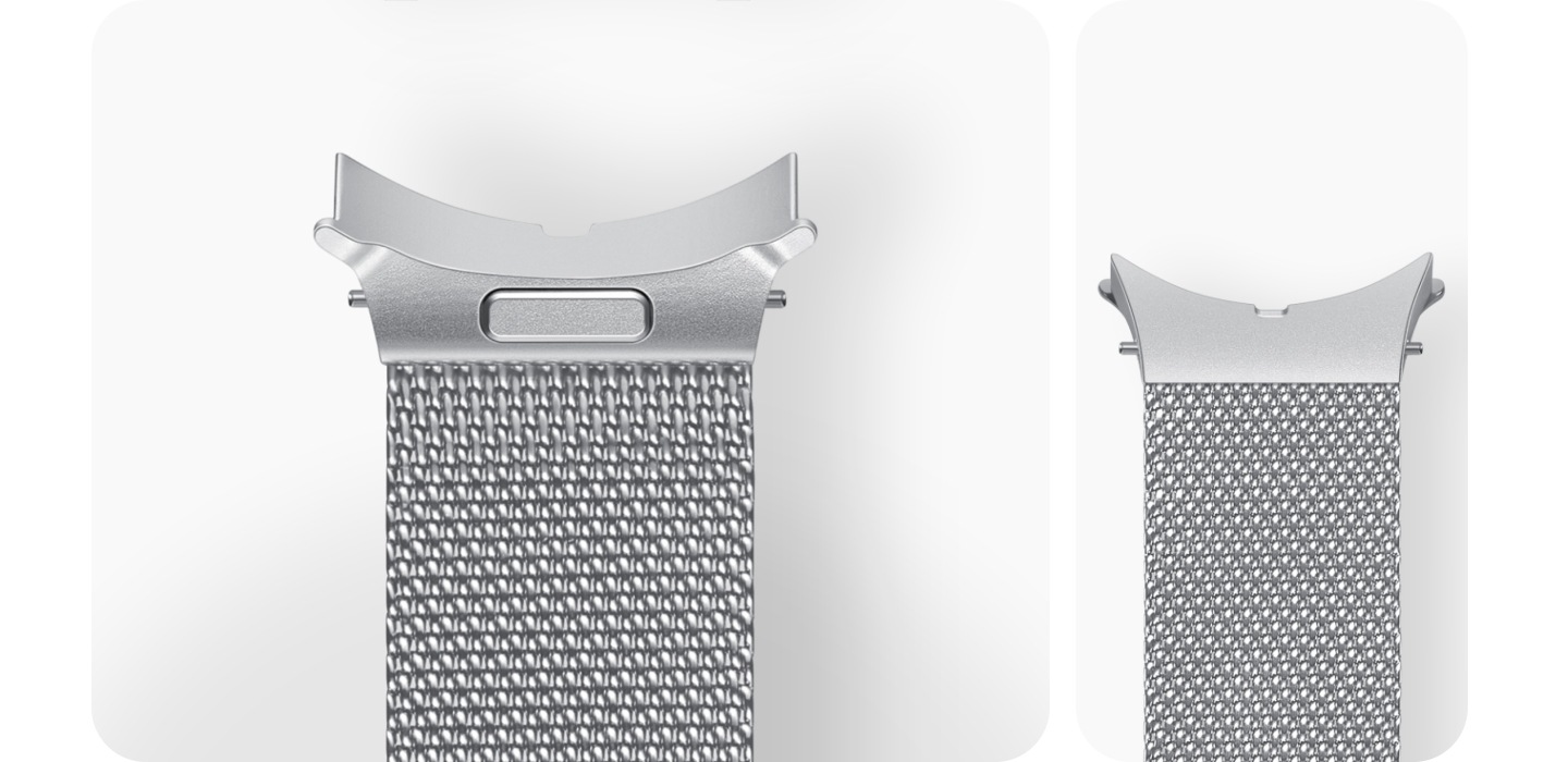 A Galaxy Watch6 device is faced down with a Milanese Band hovering above it. The release button of the band is held down while nearing the bottom of the watch before it is locked with a click. It is zoomed out to show the same mechanism on the upper side of the watch.