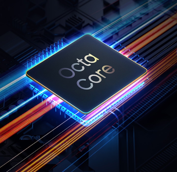 An Octa-core processor with a stream of data running across it.
