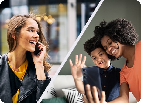 On the left, a woman is talking on the phone while walking on the street. On the right, a woman and her son are making a video phone call on the Galaxy M34 5G and the boy is waving at the camera.
