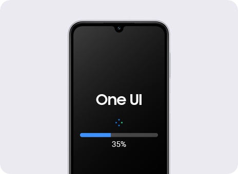 A Galaxy M34 5G shows the One UI app downloading updates on a black background and a percentage meter showing the download progress.