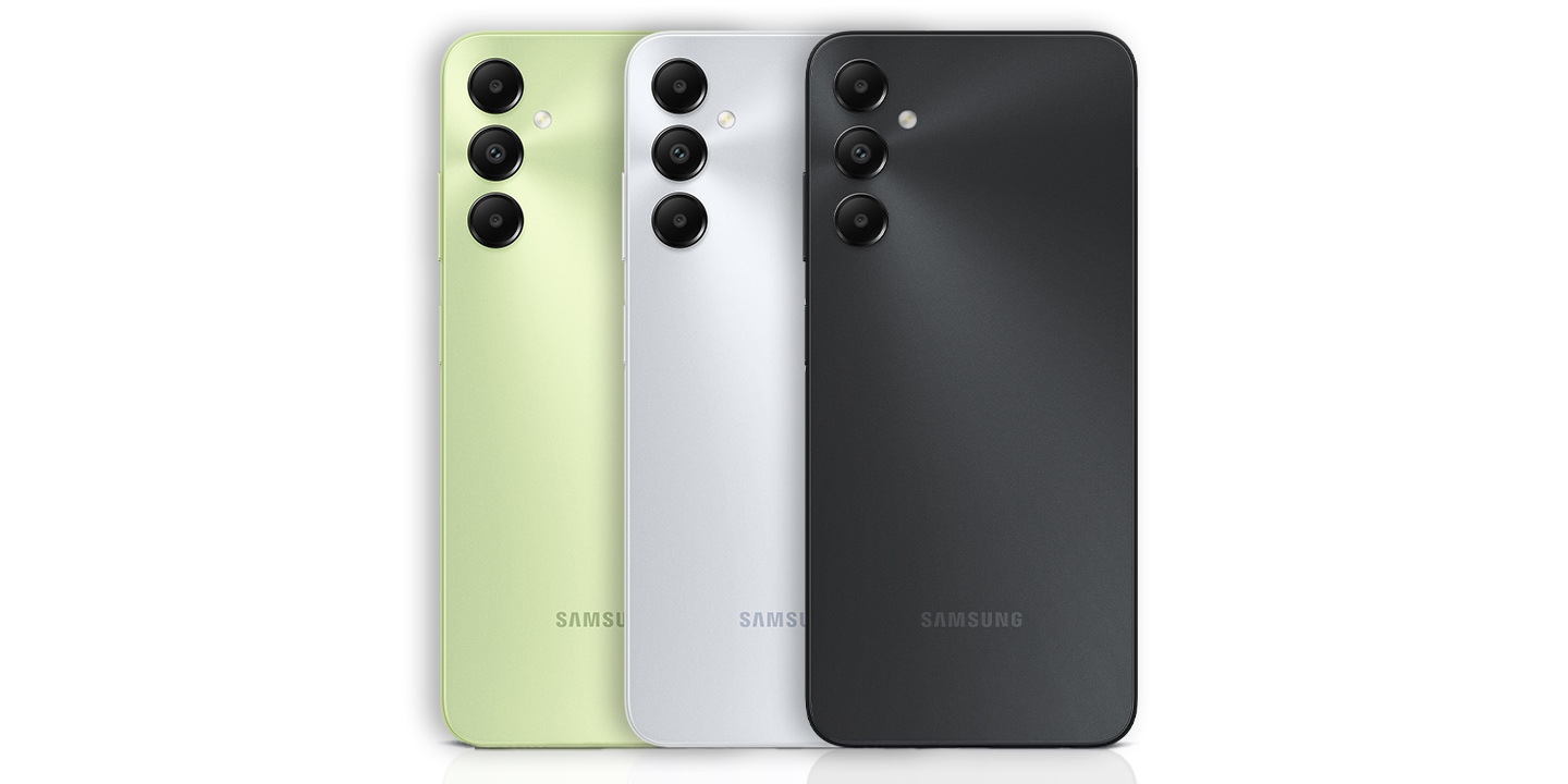 Multiple devices of the Galaxy A05s are lined up to showcase their color options.