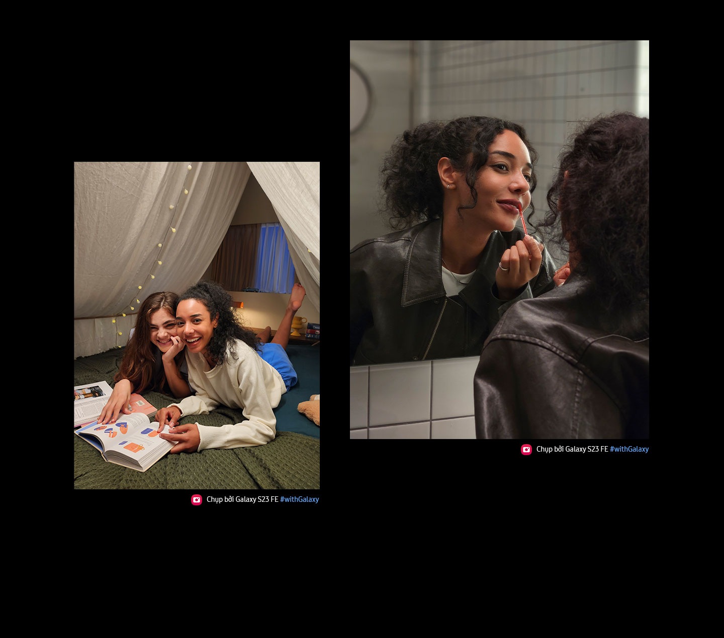 A woman is seen putting on lipstick in front of a mirror in low light indoors with the image crisp and clear. Below, two women smiling at the camera are seen lying in a dimly lit room. The detail and color of the picture are also clear and balanced. Text reads Captured by Galaxy S23 FE #withGalaxy.