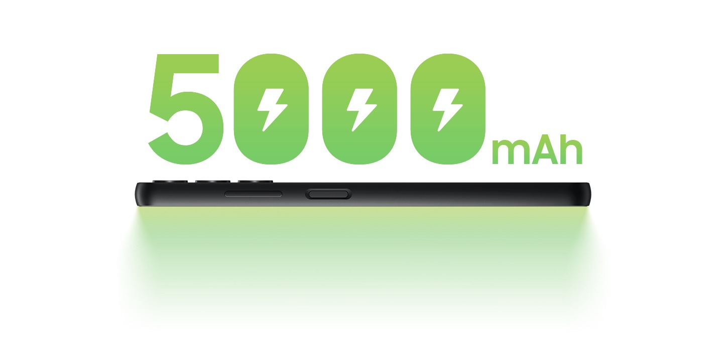 Góc nhìn ngang của Galaxy A05s được hiển thị với dòng chữ '5000 mAh' phía trên bằng chữ lớn màu xanh lá cây.