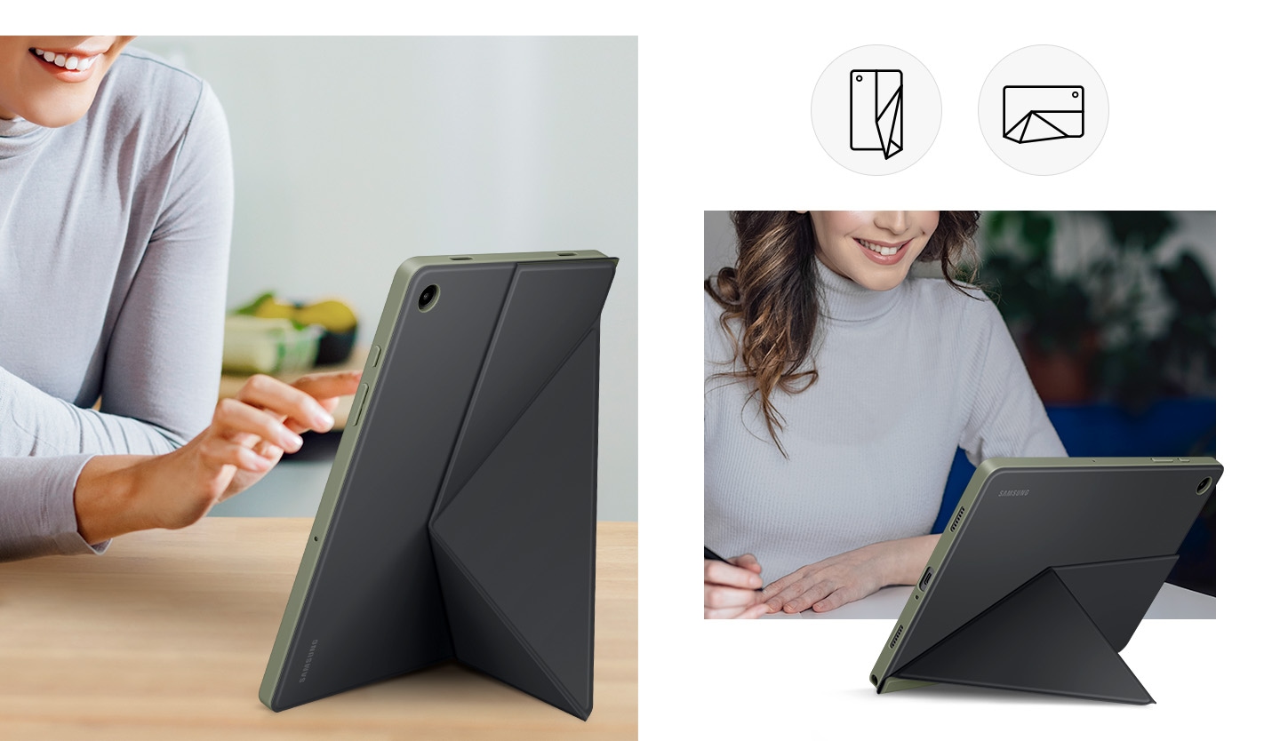 A woman is seen using Galaxy Tab A9 Plus with Book Cover on, standing in portrait mode with a foldable stand. A woman is seen using the device horizontally with the stand folded in landscape mode.