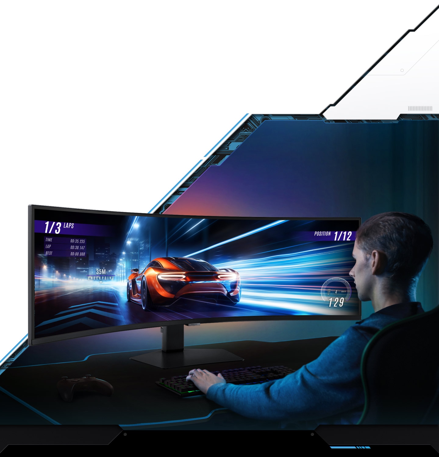 Một màn hình Odyssey đặt trên một bề mặt và một người nam ngồi trước màn hình đang sử dụng bàn phím. Trên màn hình là trò chơi đua ô tô có cảnh một chiếc ô tô thể thao màu đỏ đang lao về phía trước.