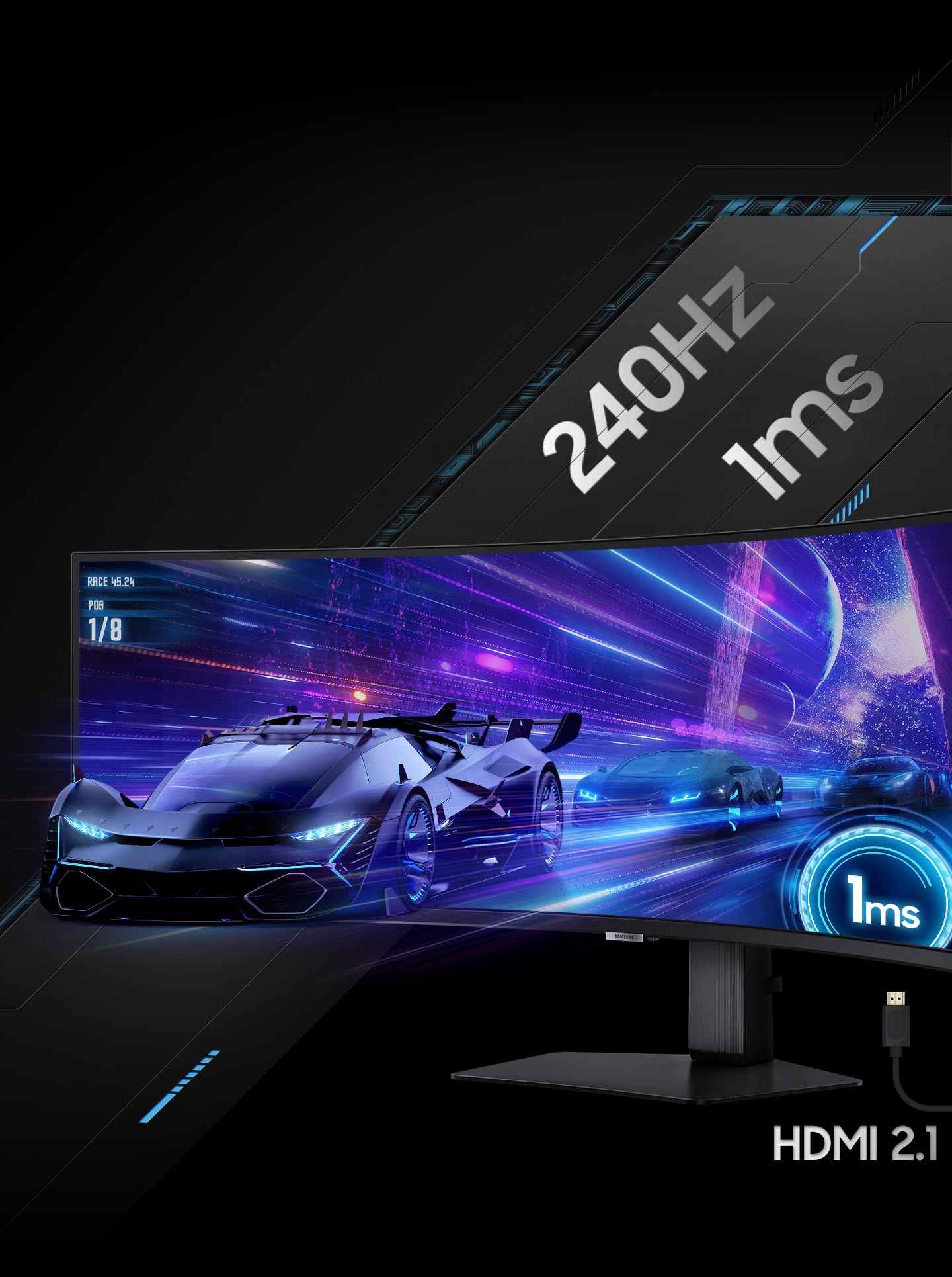 Trên màn hình hiển thị, những chiếc ô tô chạy đua ra khỏi màn hình, chạy khỏi một thành phố tương lai. Cáp kết nối có nhãn “HDMI 2.1” được hiển thị bên dưới màn hình hiển thị.