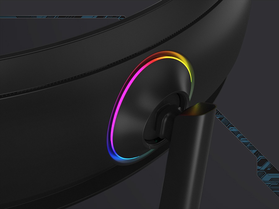 Mặt sau của màn hình Odyssey được hiển thị đứng trên một bề mặt Ở mặt sau của màn hình hiển thị một vòng nhiều màu phát sáng.