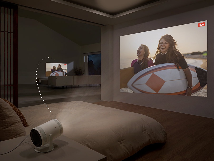 Freestyle chiếu nội dung tương tự lên tường mà TV ở phòng khác đang phát. Một đường giữa hai thiết bị biểu thị sự phản chiếu.