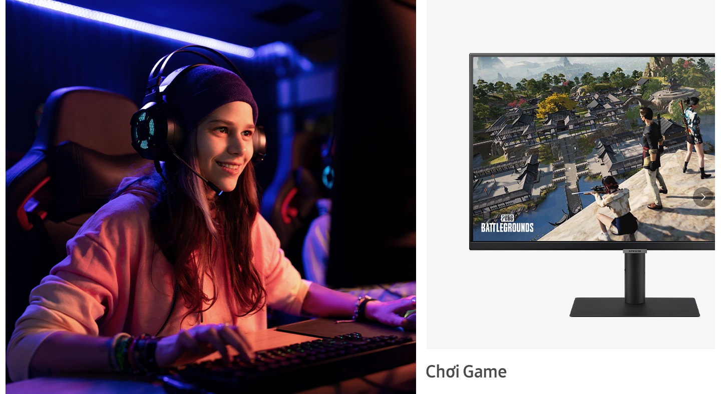 Màn hình điều khiển với hình ảnh một người phụ nữ đang chơi trò chơi trên PC và trò chơi Battleground của PUBG đang hiển thị bị chia tách. Cụm từ "Game" xuất hiện bên dưới nó.