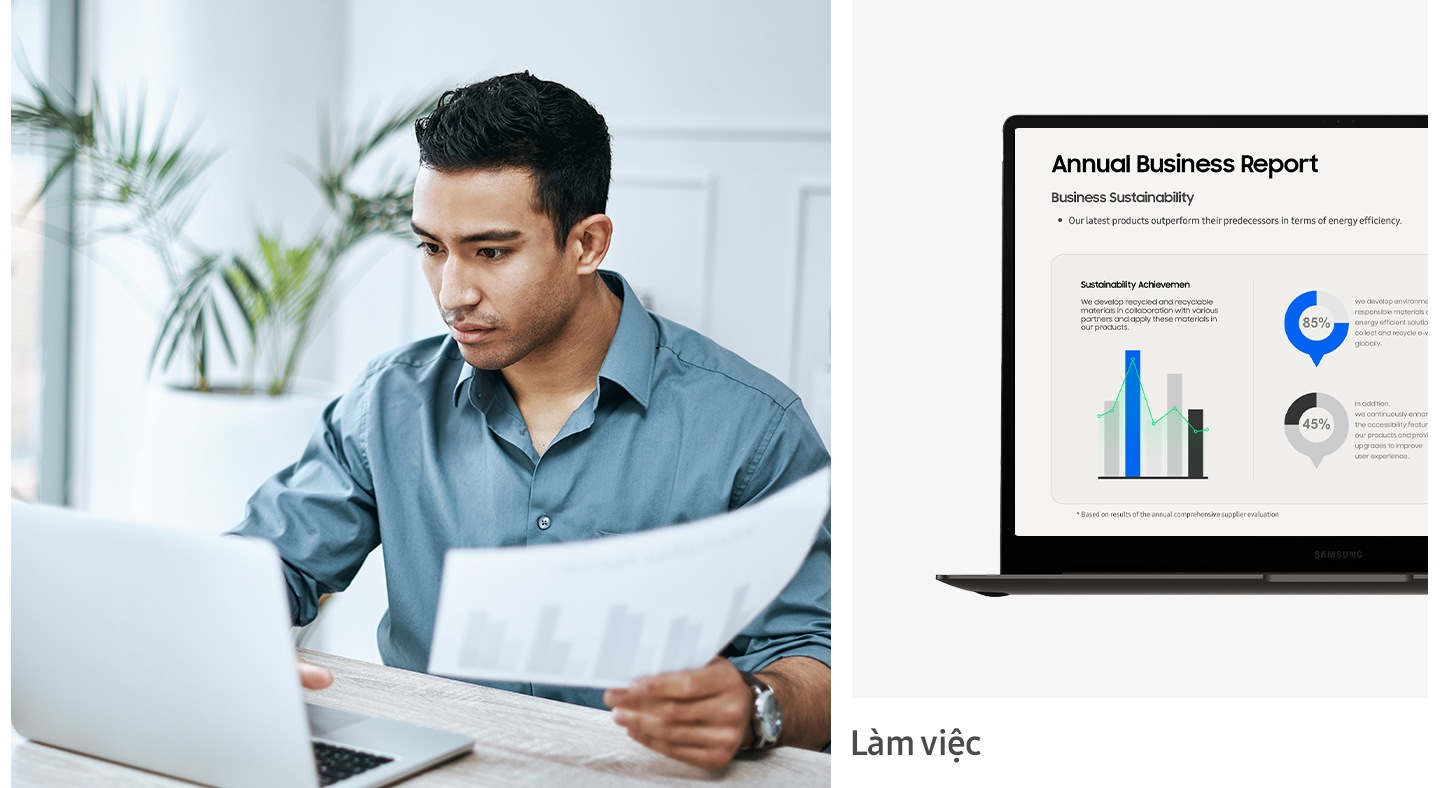 Màn hình của một người đàn ông đang làm việc trên máy tính xách tay và máy tính xách tay đang chạy báo cáo công việc được hiển thị theo từng phần. Từ “Công Việc” xuất hiện bên dưới nó.