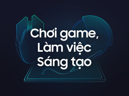 Dòng chữ "Chơi Game, Làm Việc, Sáng Tạo" được viết trên chuột chơi game, biểu đồ hình tròn và thiết bị máy tính bảng.
