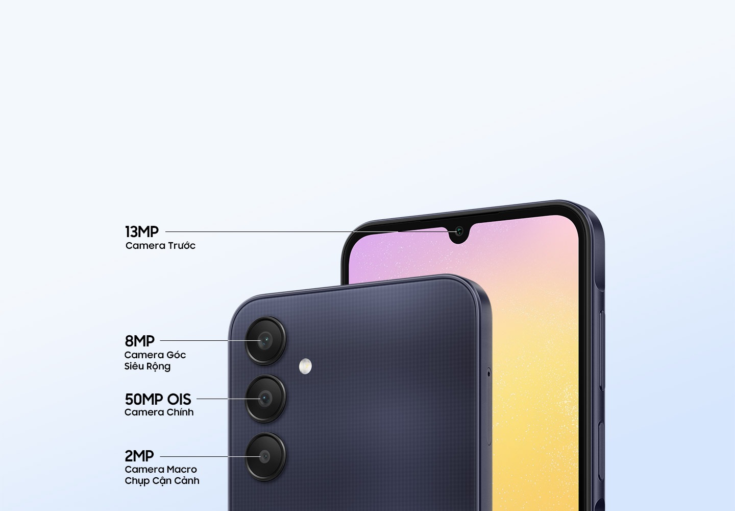 Mặt trước và mặt sau của Galaxy A25 5G hiển thị cụm 4 camera bao gồm Camera trước 13 MP, Camera siêu rộng 8 MP, Camera chính OIS 50 MP và Camera macro 2 MP.