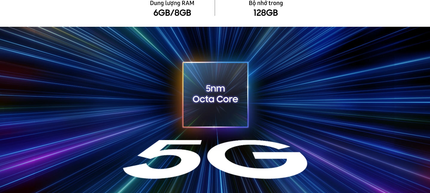 Văn bản bên trong khối có nội dung ' Octa Core 5nm'. Bên dưới nó có chữ lớn hơn là '5G'. Tất cả các chùm ánh sáng đều hợp nhất vào trung tâm của khối lập phương. Bộ nhớ 6GB/8GB, Dung lượng lưu trữ 128GB/256GB.