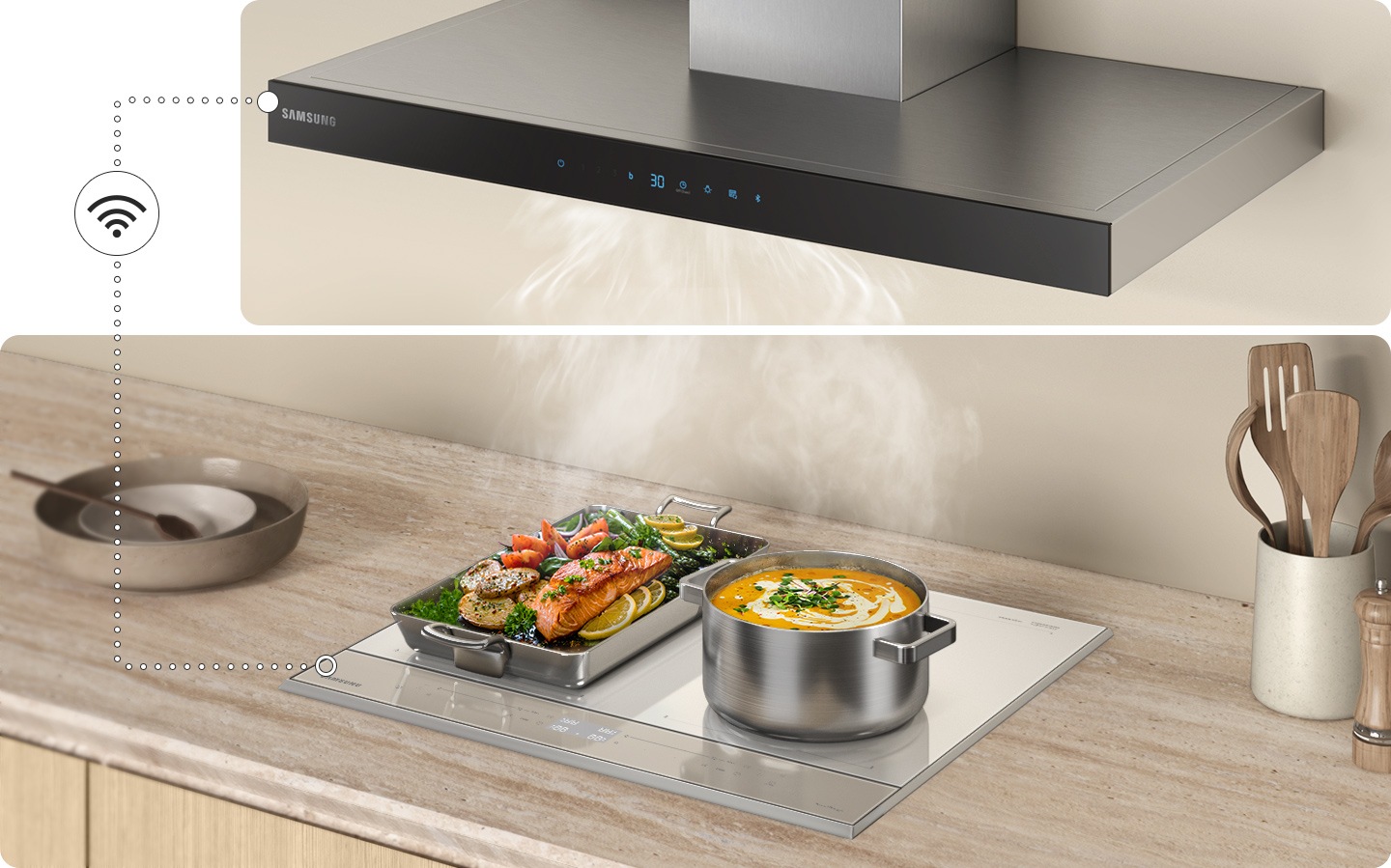 Bạn có thể điều khiển máy hút mùi và bếp nấu cùng lúc bằng cách kết nối chúng qua Wifi.