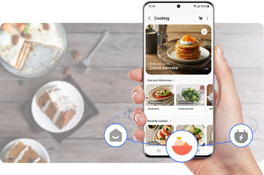 Hình ảnh màn hình ứng dụng SmartThings Cooking với nhiều công thức nấu ăn.