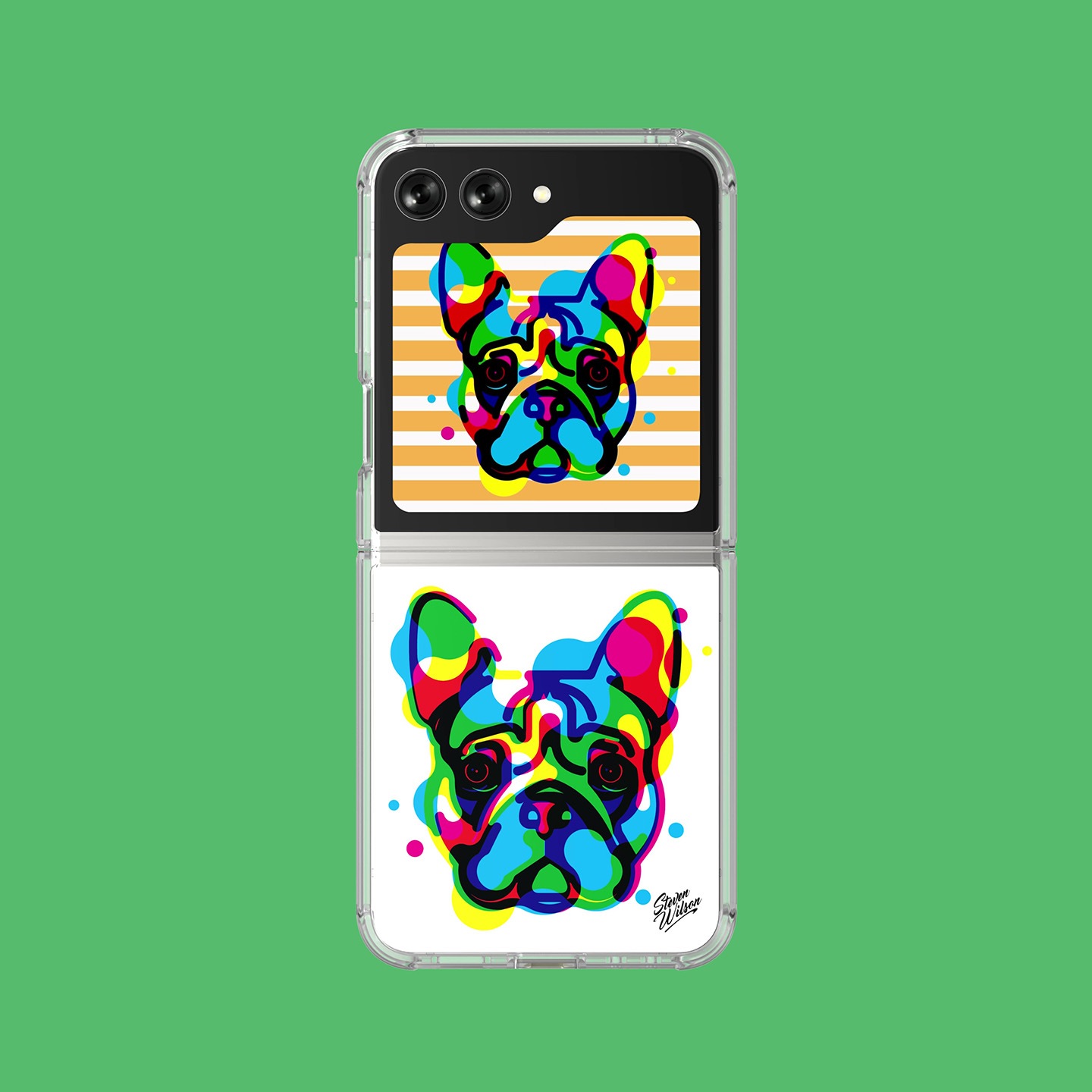 Mặt sau điện thoại Galaxy Z Flip5 hiển thị tác phẩm nghệ thuật của Steven Wilson.  Màn hình ngoài ở phía trên hiển thị một đoạn ngắn giới thiệu tác phẩm nghệ thuật sống động của Steven, 'Bulldog' với  hình ảnh chú chó bull đầy màu sắc, được tô vẽ bằng tổ hợp màu xanh lá cây, đỏ, xanh dương và vàng, cùng với sự biến đổi độc đáo, chuyển động trên hoa văn nền và màu sắc biến hóa. Thẻ Flipsuit bên dưới, dưới chế độ xem cận cảnh, mô tả rõ nét hình ảnh chú chó bull đầy màu sắc. 