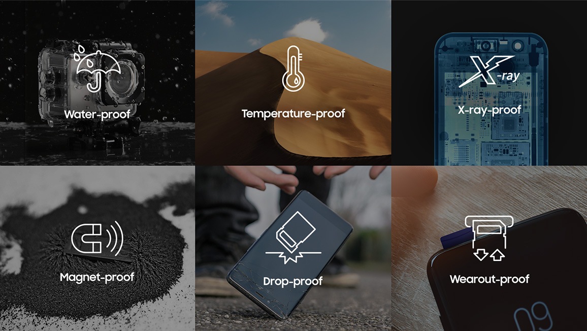 An tâm trải nghiệm nhờ khả năng 6 chống. Thẻ nhớ PRO Plus song hành cùng bạn trên mọi chuyến phiêu lưu mà không lo ảnh hưởng bởi nước¹, nhiệt độ², tia X³, từ tính⁴, rơi rớt⁵ và hao mòn⁶.Những trải nghiệm độc nhất vô nhị của bạn xứng đáng với sự lựa chọn đáng tin cậy. 