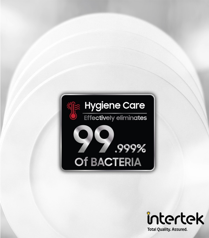  Hiển thị các đĩa trong máy rửa chén và nhãn Chăm sóc vệ sinh cho biết nó loại bỏ 99,9999% vi khuẩn, đã được Intertek thử nghiệm.