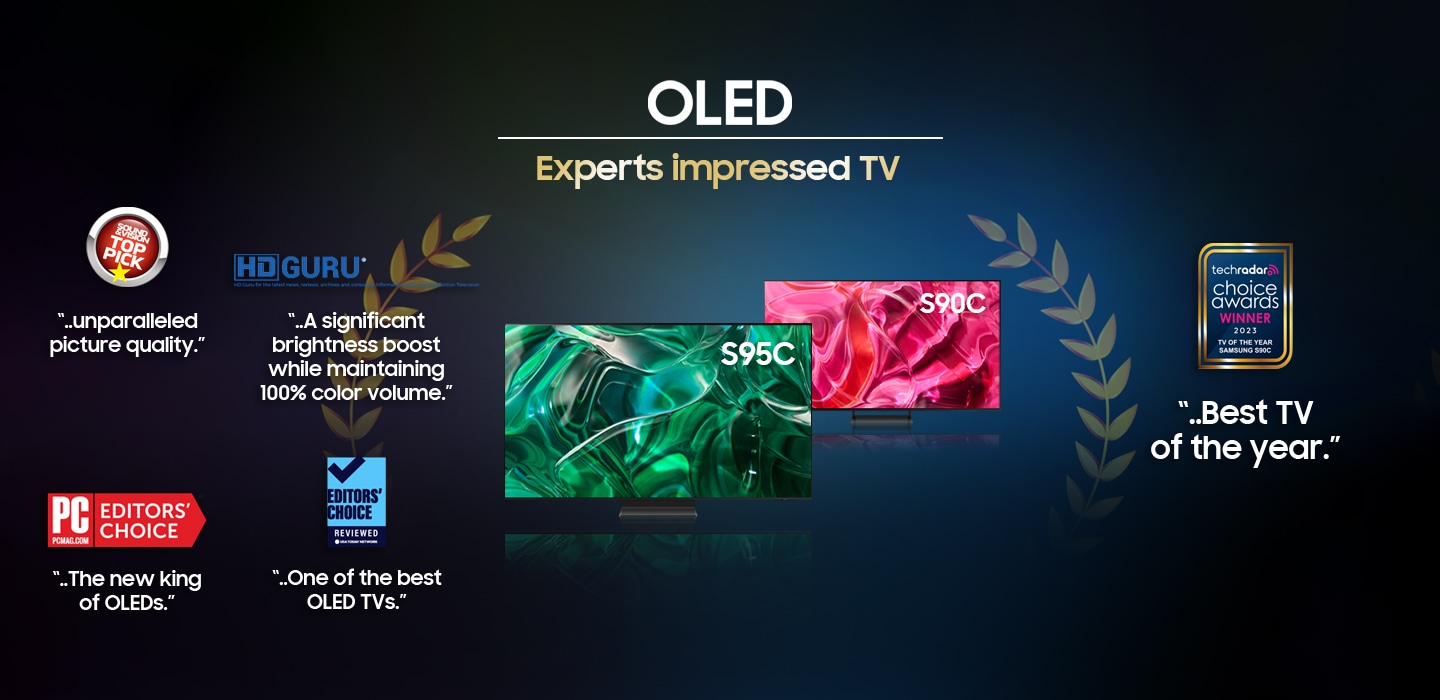 Samsung OLED TV S95C and S90C with award logos that they have received from HD Guru, PCMAG, Sound&Vision, and Techradar.