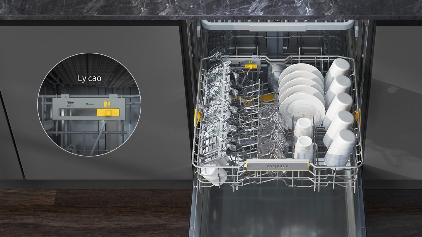  Hiển thị giá giữa chứa đầy cốc, đĩa và các loại ly có kích cỡ khác nhau. Cận cảnh công tắc ở phía sau giá đỡ cho thấy các mũi của nó đã được điều chỉnh tự động để giữ những ly rượu tiêu chuẩn.