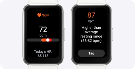 Hai chiếc Galaxy Fit3 với tính năng Đo nhịp tim đã mở, một chiếc hiển thị bpm hiện tại và phạm vi nhịp tim hôm nay, chiếc còn lại có thông báo cảnh báo bpm cao.
