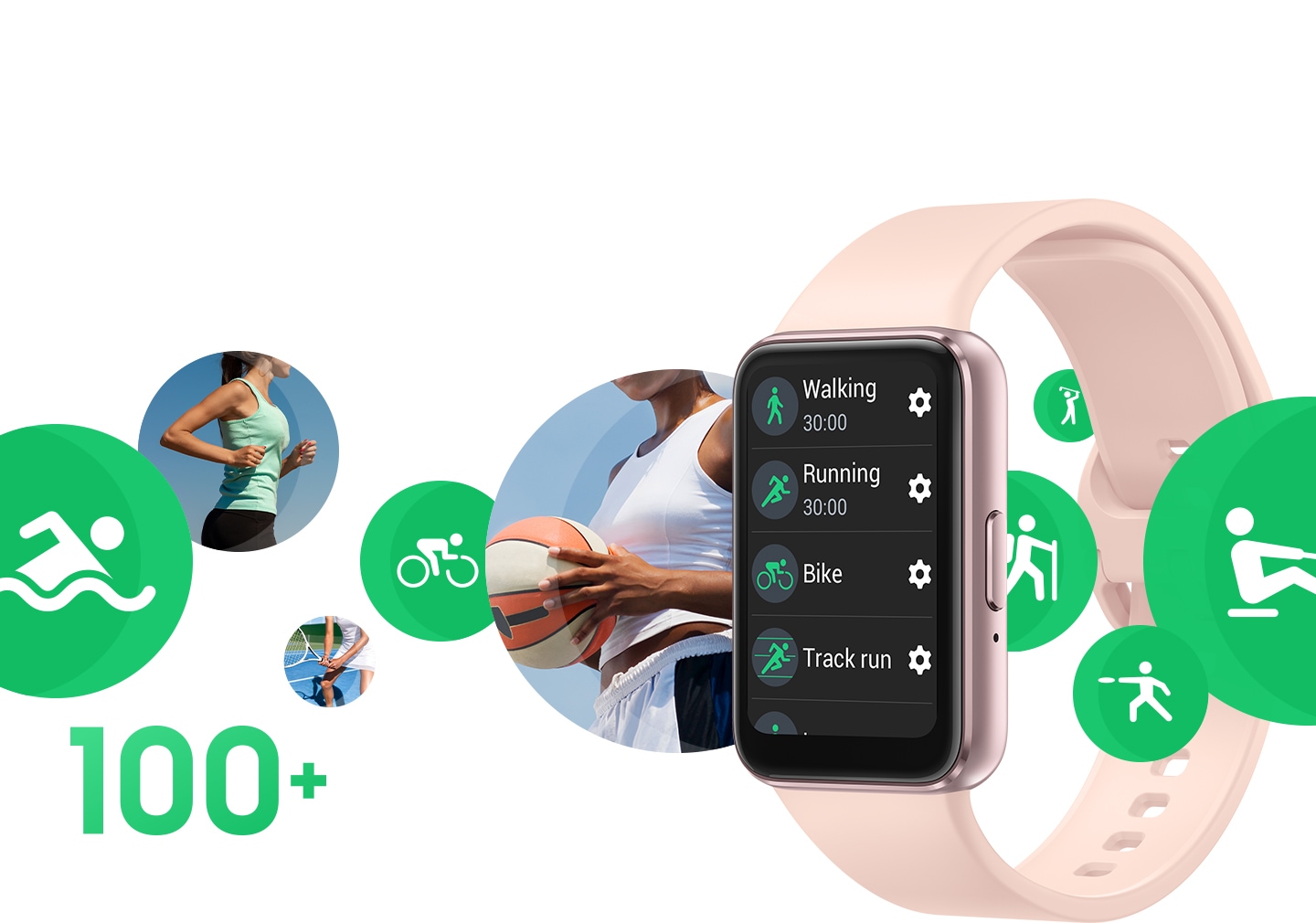 Galaxy Fit3 với nhiều biểu tượng chế độ tập luyện, bao gồm đạp xe và bơi trong hồ bơi, lướt trên thiết bị.