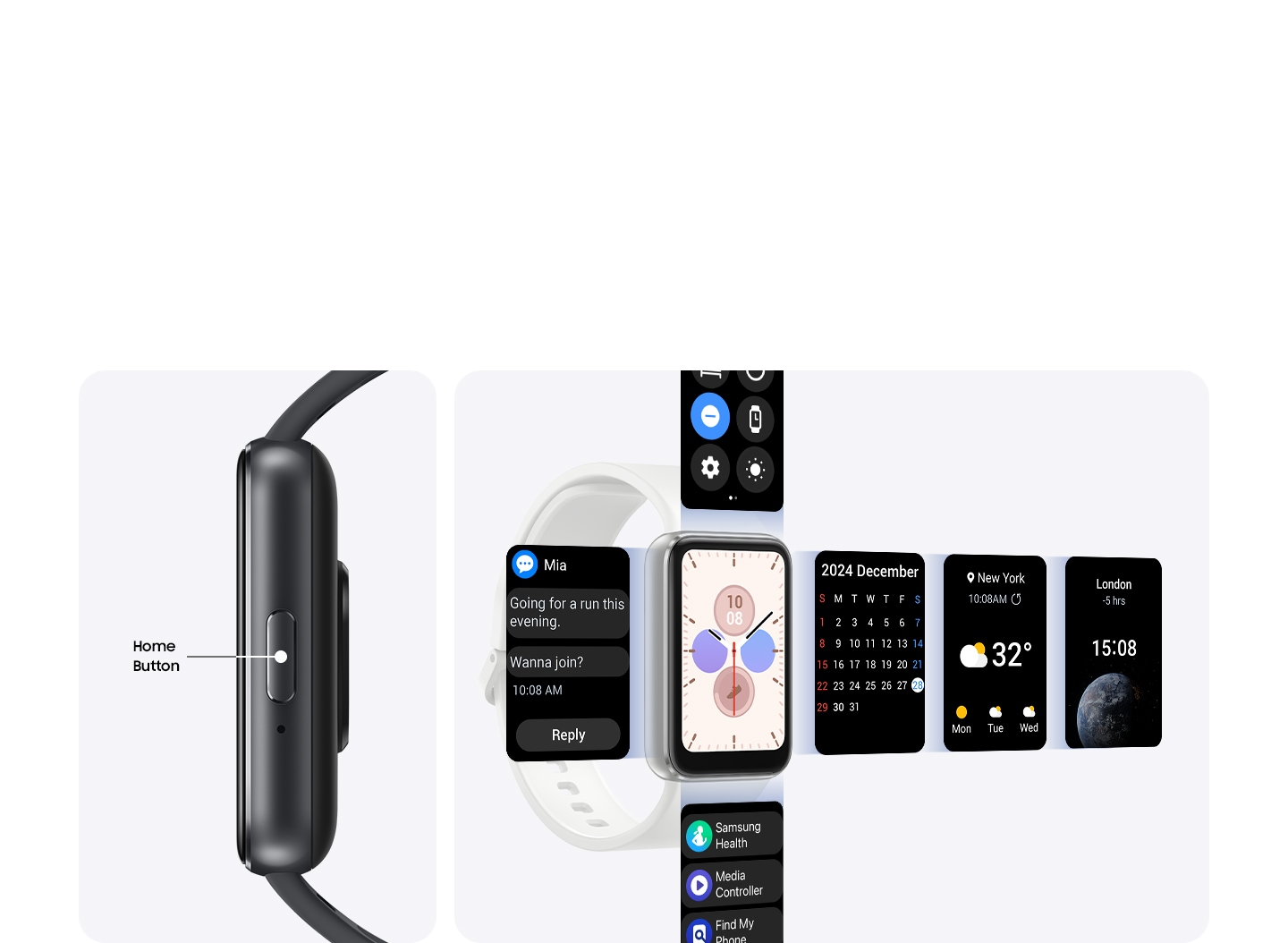 Galaxy Fit3 hiển thị cận cảnh cạnh nút Home với dòng chữ 'Nút Home'. Bên cạnh là Galaxy Fit3 với nhiều màn hình, bao gồm Dự báo thời tiết và Đồng hồ thế giới, mở rộng từ màn hình theo bốn hướng để biểu thị sự dễ dàng điều hướng.