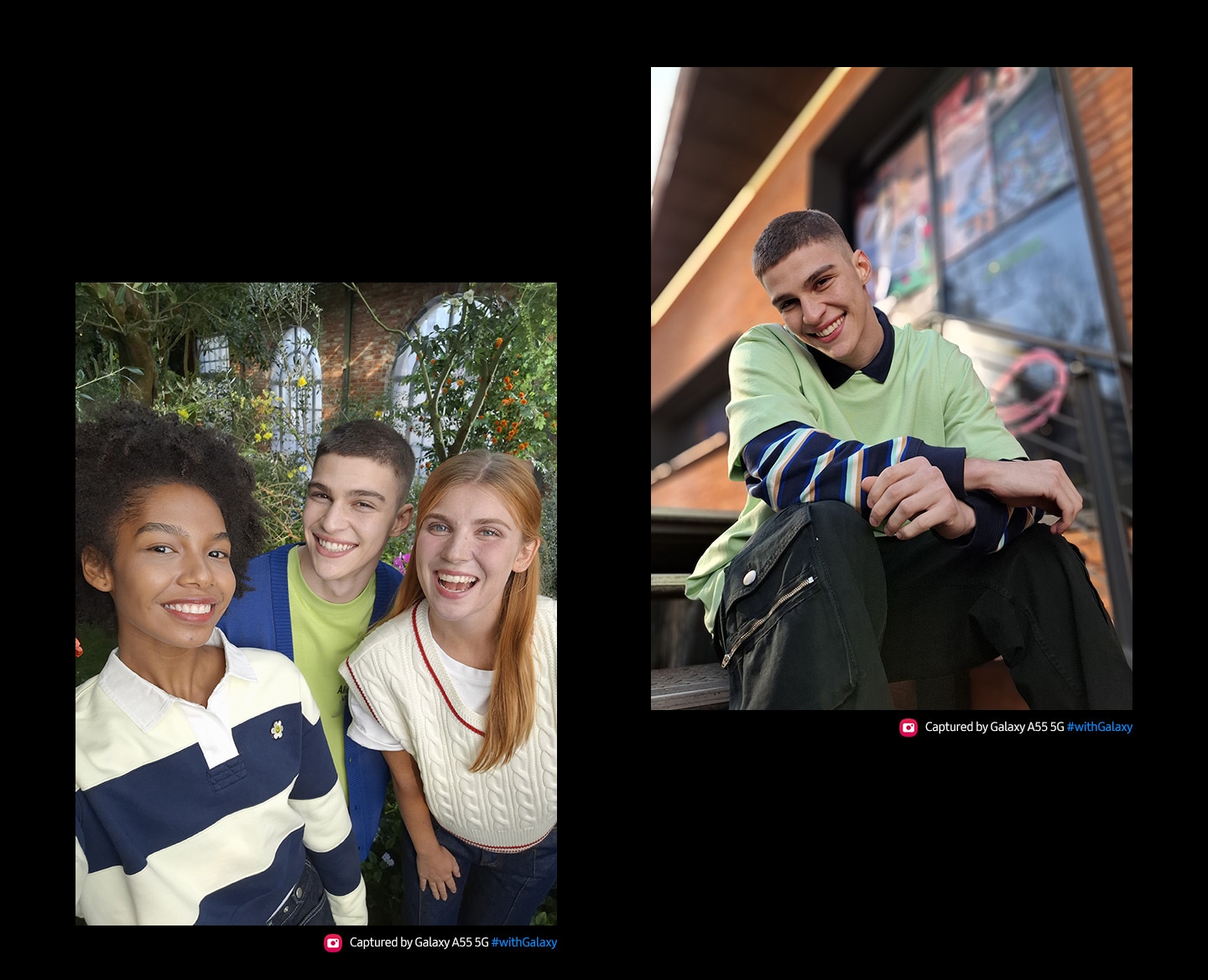 Hai bức chân dung của mọi người. Chân dung đầu tiên: Bức ảnh selfie của ba người bạn với biểu cảm vui vẻ, tạo dáng gần nhau. Bức chân dung thứ hai được chụp bằng chế độ Chân dung : Một người đang ngồi thản nhiên mỉm cười, một tòa nhà mờ ở hậu cảnh. Dòng chữ Được chụp bởi Galaxy A55 5G #withGalaxy.