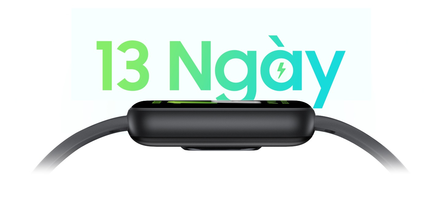 Galaxy Fit3 thể hiện khía cạnh của mình với khả năng sạc pin từ 0 đến 65% và thời gian sạc '30 phút'. Pin sạc lên tới 100% và thời gian chạy pin '13 Ngày' được hiển thị.