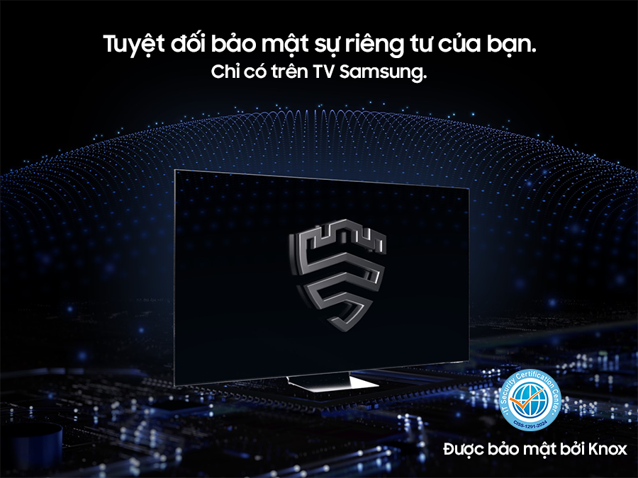 Giải pháp bảo mật nhiều lớp đang tạo ra một lớp vỏ giống như mái vòm phía sau TV, được bảo mật bằng Knox. Màn hình có biểu tượng Samsung Knox. Văn bản Quyền riêng tư của bạn. Đã bảo mật. Chỉ có trên tivi Samsung mới có màn hình hiển thị phía trên.