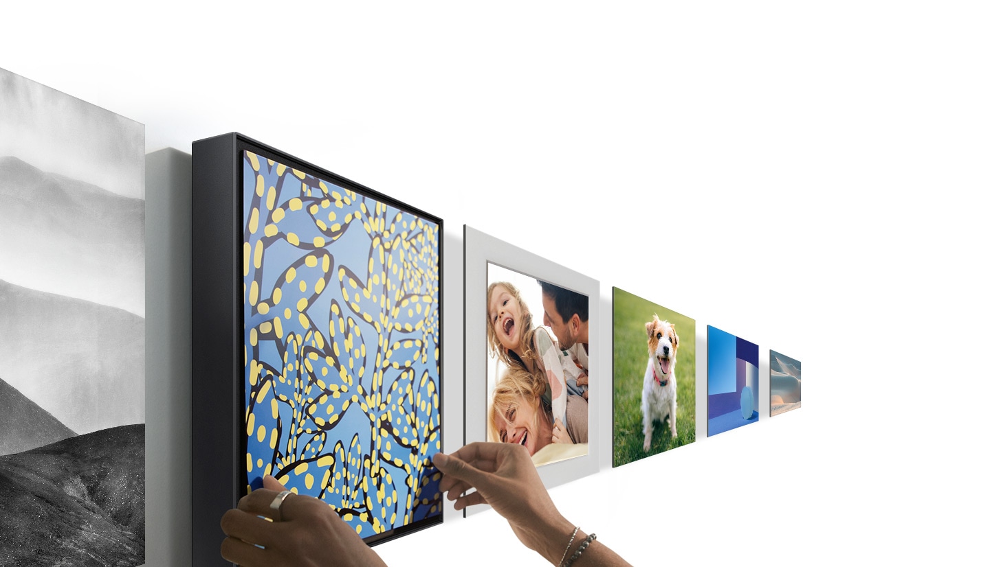 Một ảnh nền Art Panel phong cách trừu tượng được lắp vào loa tranh trên tường. Một loạt các tùy chọn ảnh nền Art Panel khác được hiển thị bên cạnh.