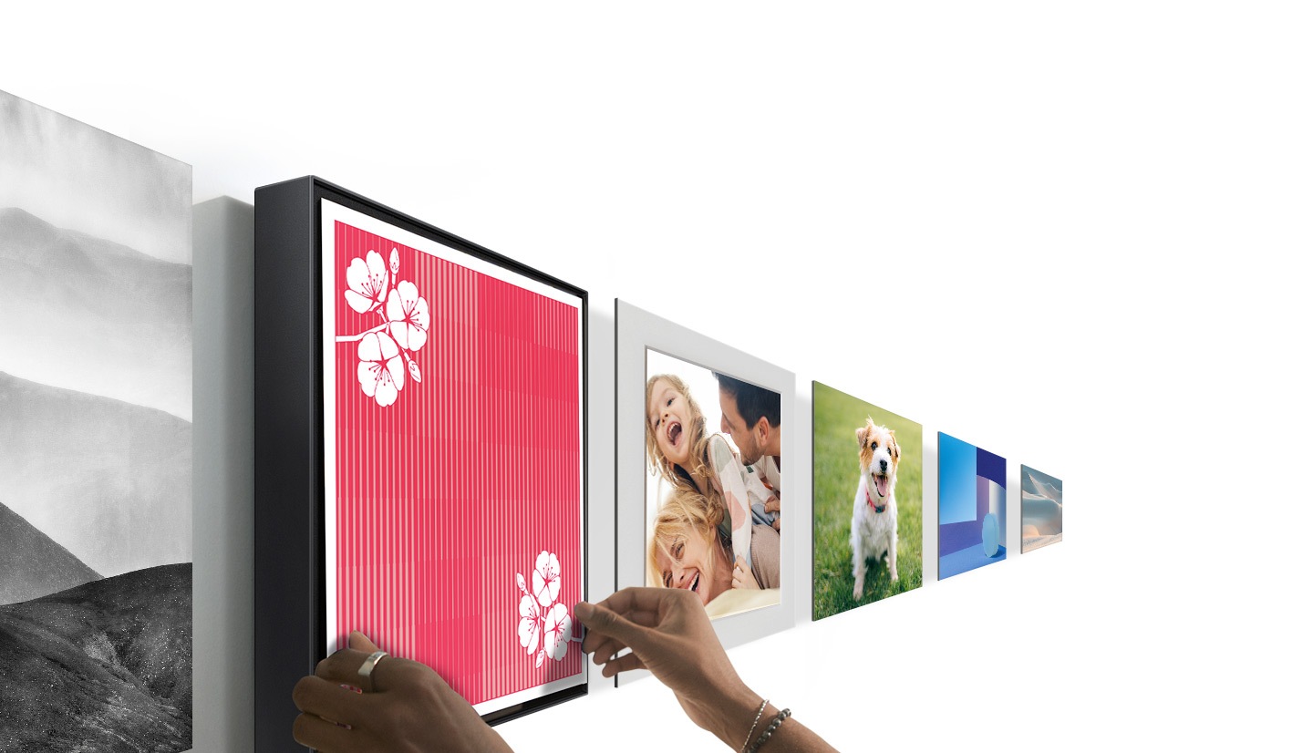 Một ảnh nền Art Panel phong cách trừu tượng được lắp vào loa tranh trên tường. Một loạt các tùy chọn ảnh nền Art Panel khác được hiển thị bên cạnh.