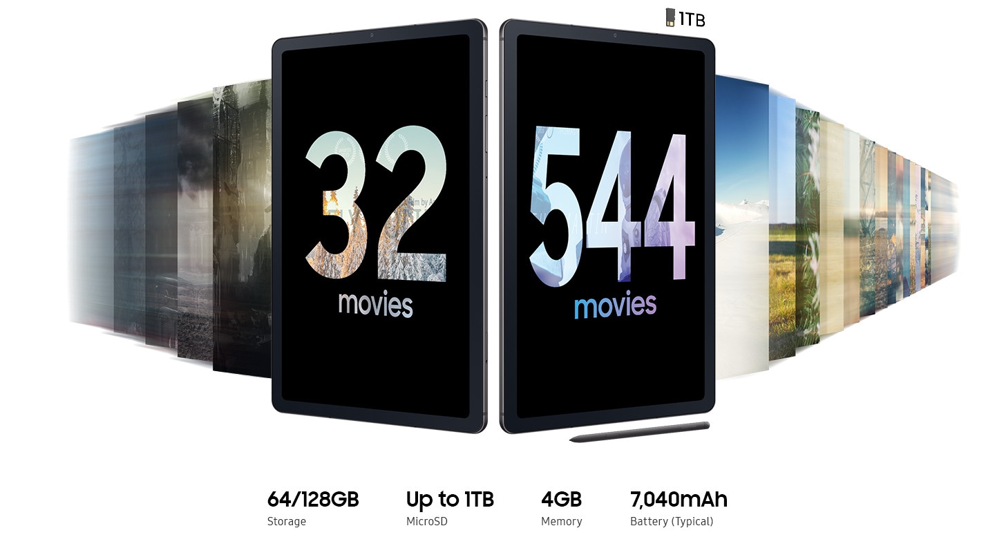 Hai máy tính bảng Galaxy Tab S6 Lite màu Xám Oxford cùng bút S Pen được đặt cạnh nhau. Trên màn hình của thiết bị bên trái, cụm từ "32 movies" được hiển thị ở chế độ toàn màn hình. Trên màn hình của thiết bị bên phải, cụm từ "544 movies" được hiển thị ở chế độ toàn màn hình và một biểu tượng thẻ nhớ microSD với cụm từ "1TB" được đặt phía trên. Các cụm từ "64/128GB Storage", "4GB Memory" và "7,040mAh Battery (Typical)" cũng được hiển thị bên dưới. 