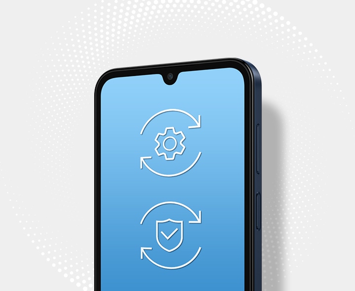 Một chiếc Galaxy M15 5G được hiển thị với hai biểu tượng trên màn hình. Các biểu tượng thể hiện các bản cập nhật hệ điều hành và bảo trì bảo mật.