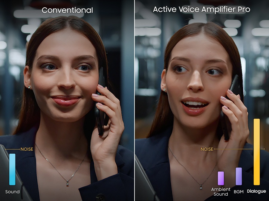 Một người phụ nữ đang nói chuyện điện thoại. Ở phía bên trái, toàn bộ âm thanh bị độ ồn làm ảnh hưởng, trong khi ở phía bên phải có Active Voice Amplifier Pro, chỉ đoạn hội thoại có thể lớn hơn độ ồn tách biệt với Ambient Sound và BGM.