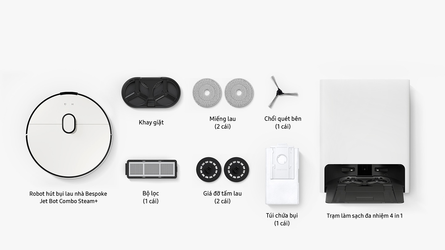 Người dùng nhận được 8 vật phẩm khi mở hộp Jet Bot Combo Steam: Jet Bot Combo Steam, Đĩa giặt, hai miếng lau nhà (đã lắp 2), một Bàn chải bên (1 đã cài), một Bộ lọc trước động cơ (1 đã cài), Tấm lau nhà Giá đỡ (đã cài đặt 2), một Túi đựng bụi (đã cài đặt 1) và Clean Station Steam+.